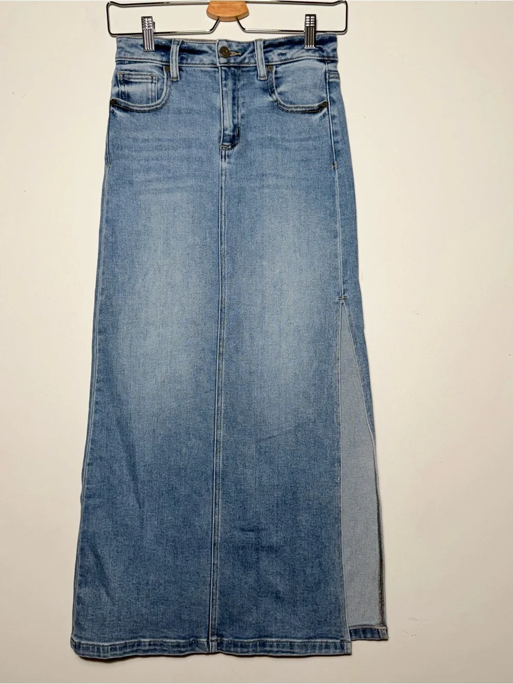 Classic Light Blue Denim Maxi Skirt with Side Panel